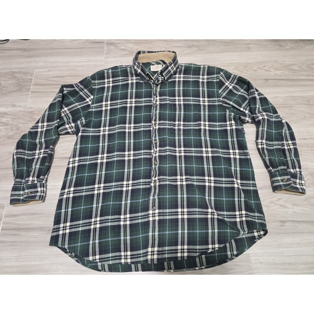 MINE Button Shirt Flannel Green Plaid Mens 2XB Cotton Long Sleeve